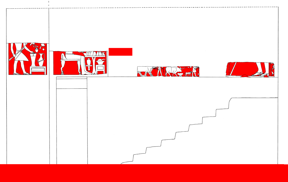 Drawings: G 7101, Elevation of lower stairway (reconstruction) and relief from S and E walls
